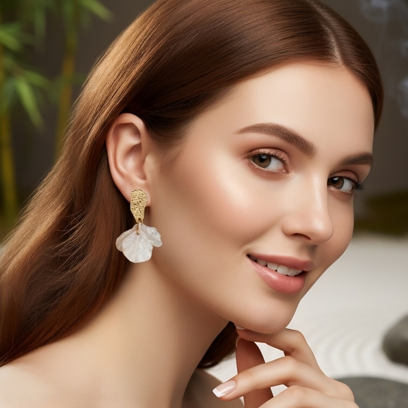 Iridescent Resin Petal Statement Earrings Gold Plated Hammered Top Boho Chic - Picture 9 of 12